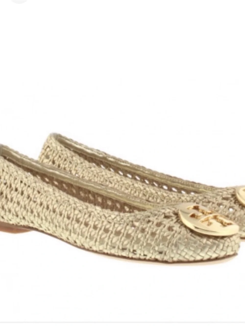 Tory Burch Reva gold metallic wovem raffia ballet flats